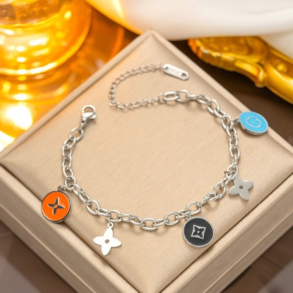 Moon Goddess Emporium Jewelry - 18K White Gold (Rhodium) Clover & Flower Candy Enamel Chunky Bracelet No Fade